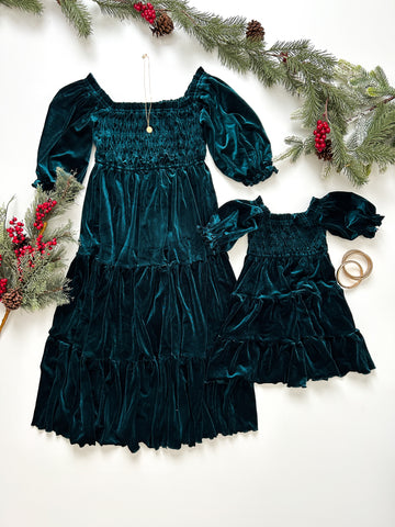 Velvet Solid Holiday Mother Daughter Matching Dresses