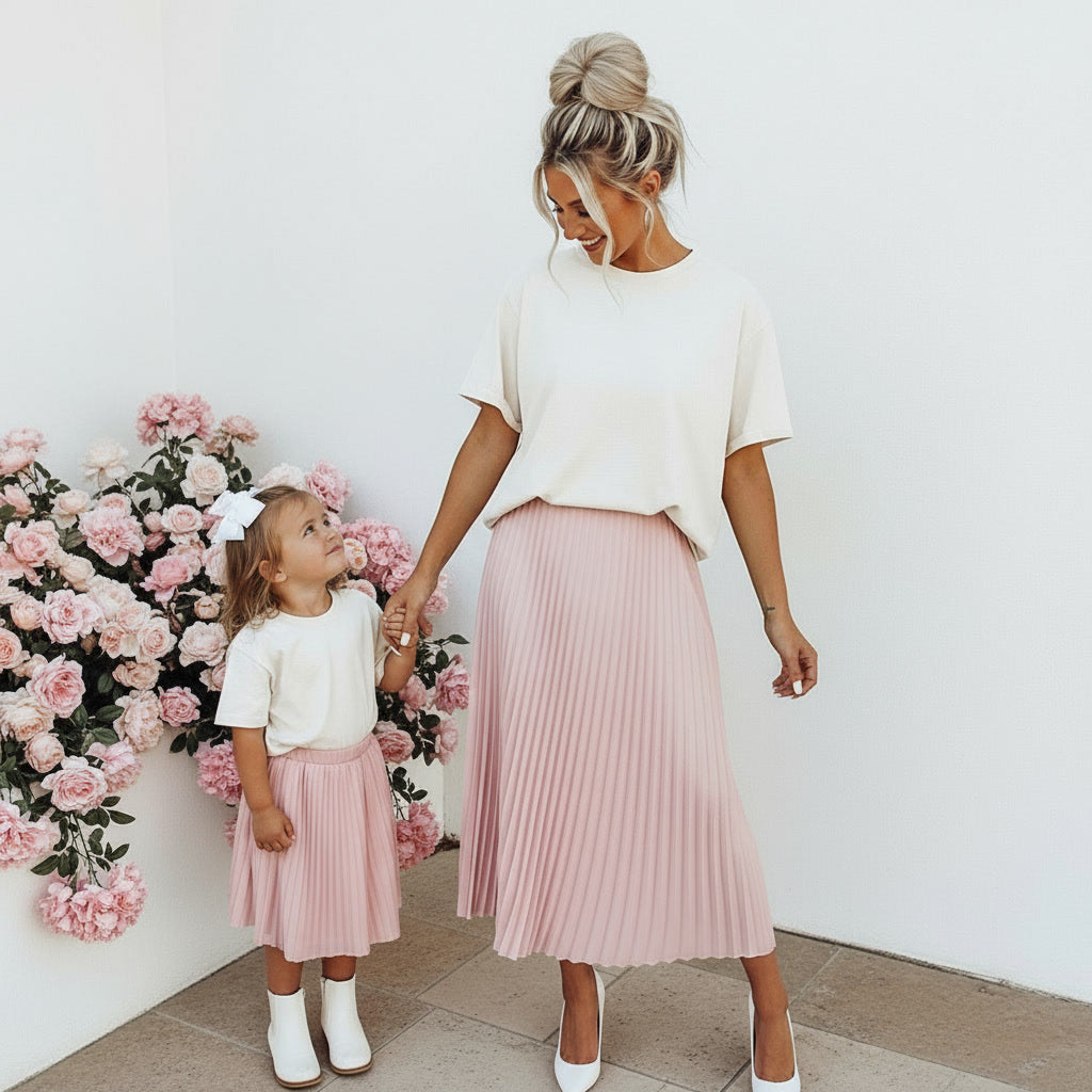 strapless open back dress Valentine's Mini Me Light Pink Pleated Midi Skirt