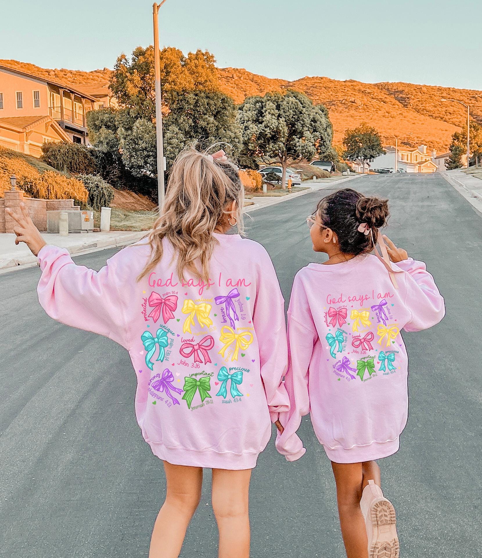 Pink Mommy and me sweatshirts God says I am