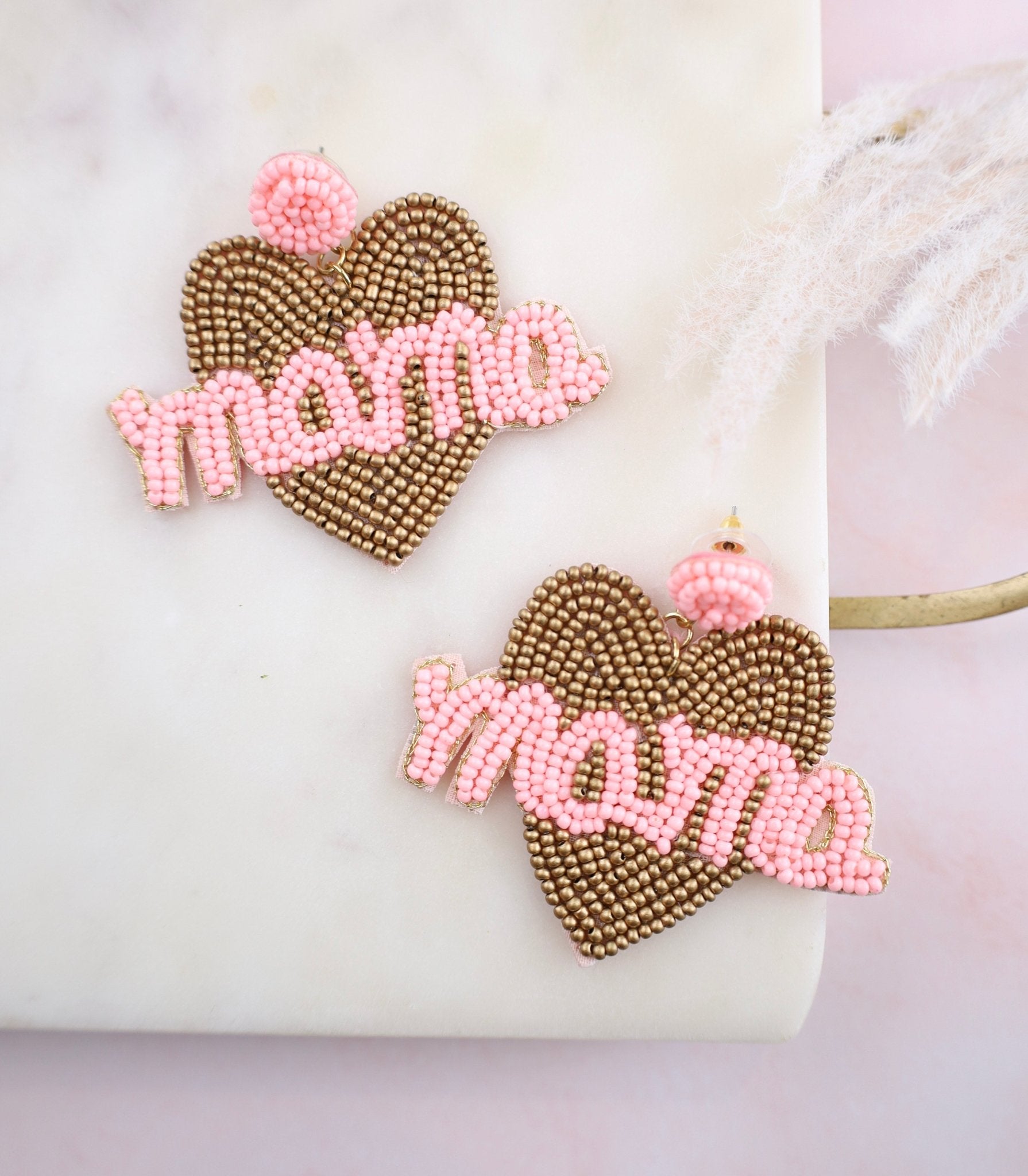 Pink and Brass Heart Mama Earrings - LITTLE MIA BELLA