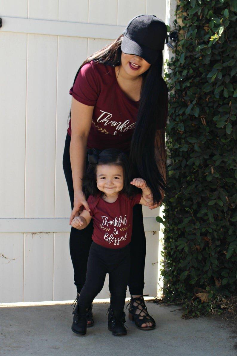 Thankful & Blessed Matching Maroon Tees - LITTLE MIA BELLA