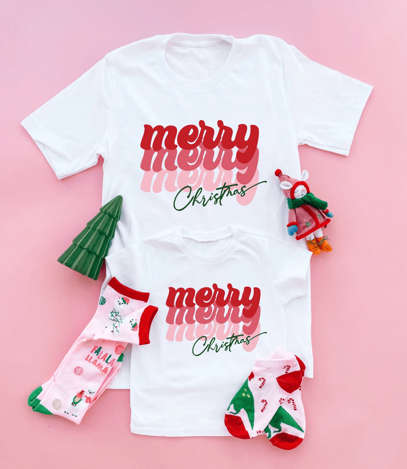 White Pink Merry Matching Shirts - LITTLE MIA BELLA