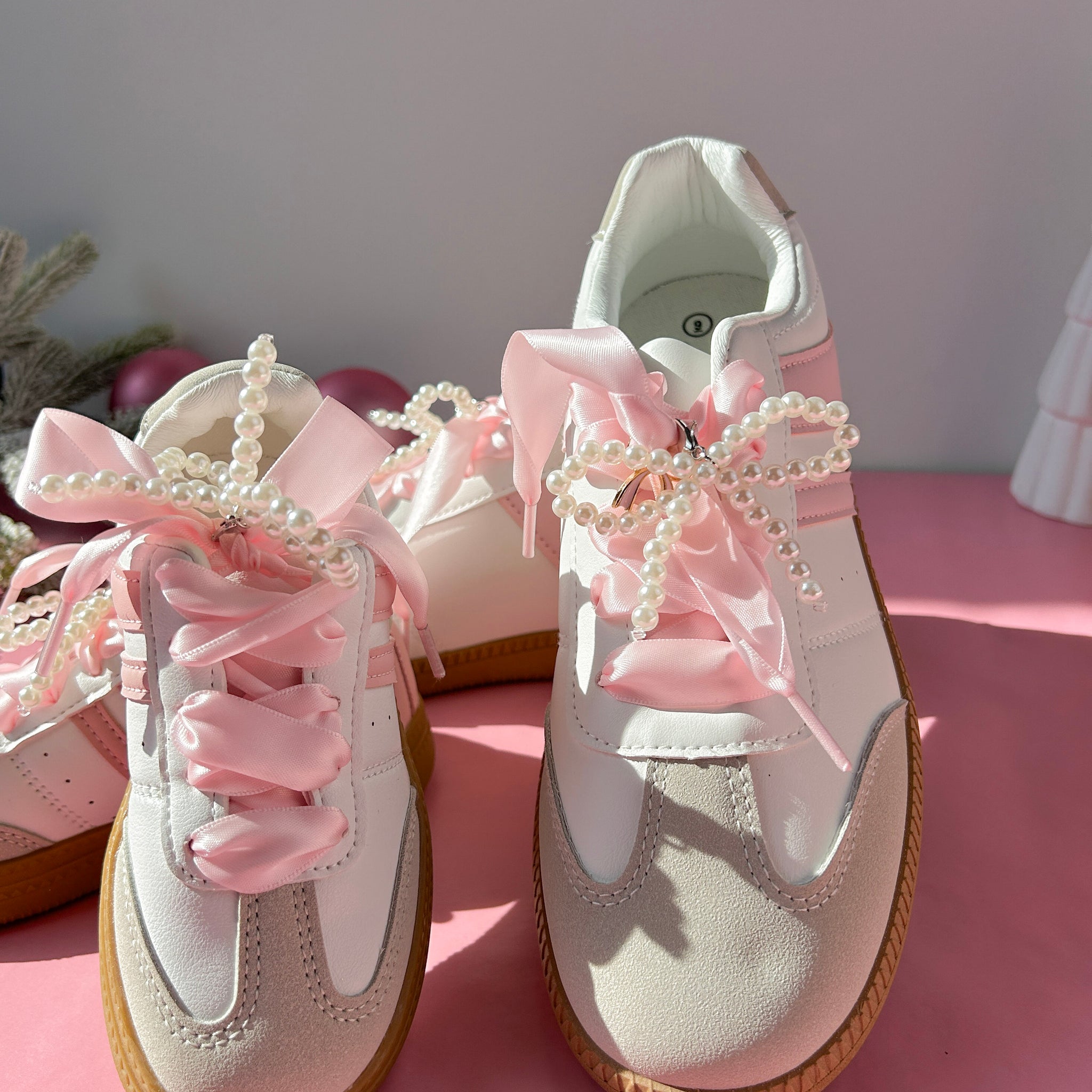 White/Pink Mommy and Me Sneakers- with Satin Ribbon Shoelaces Faux Pearl Bow
