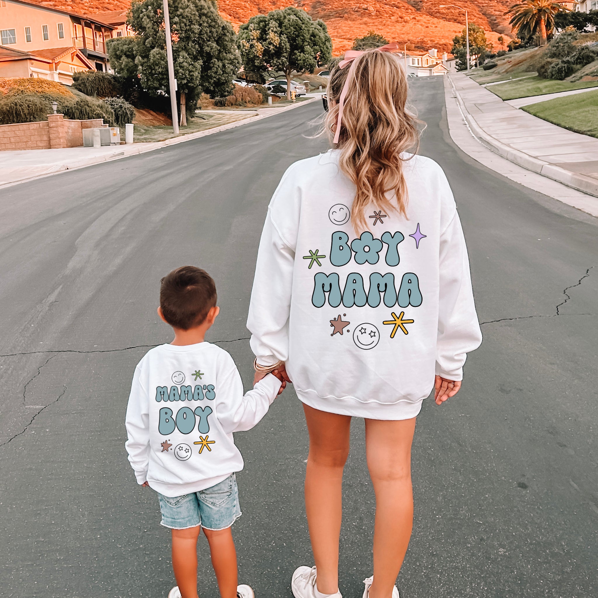 Boy Mama Mommy & Me Sweatshirts -White Crewneck Letter Graphic, Oversized