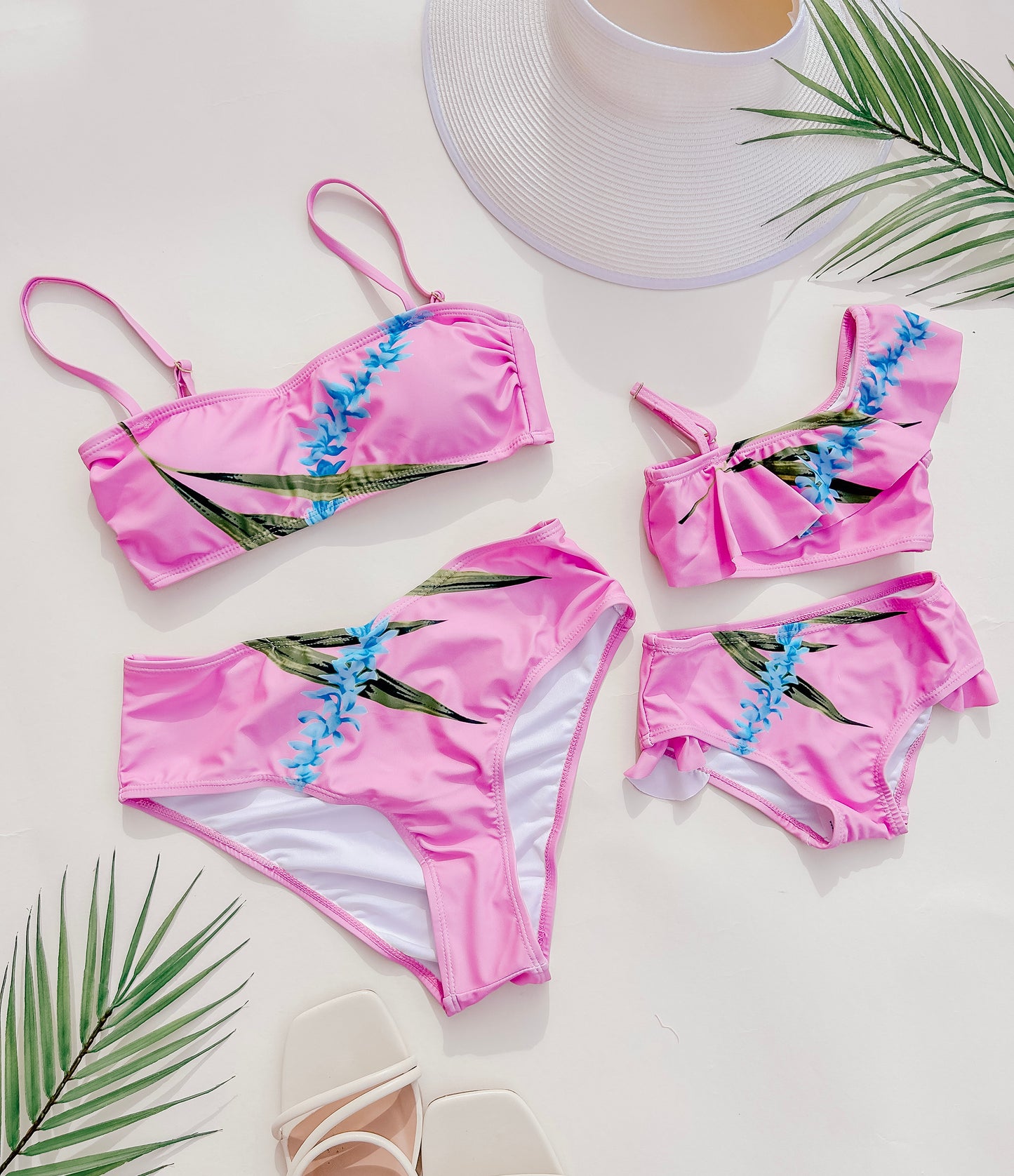 pink and blue matching swimwear for mother and daughter