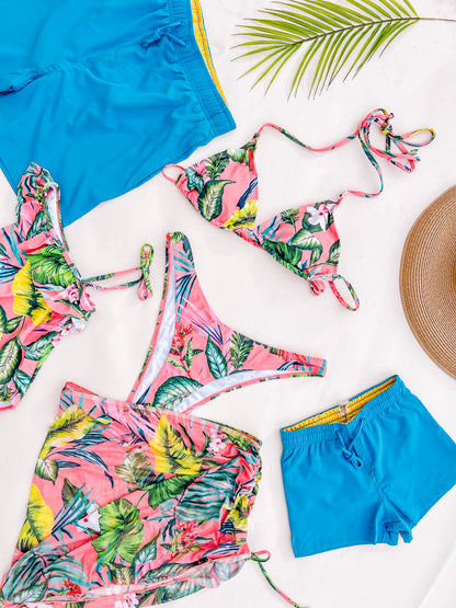 blue and hawaiian print swimsuits