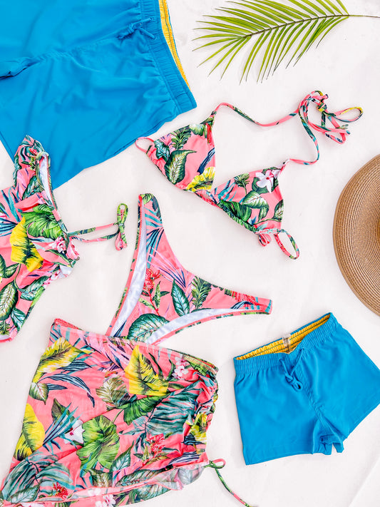 blue and hawaiian print swimsuits
