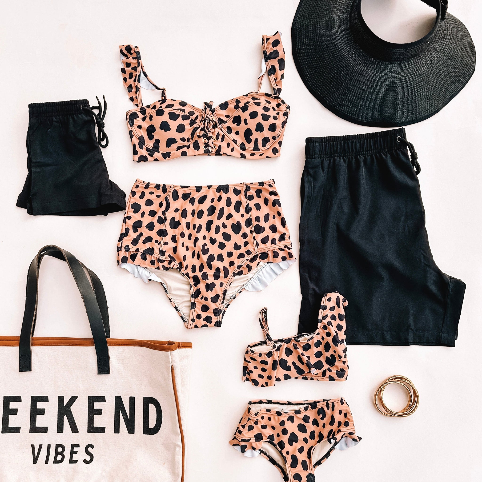 Black and leopard print family matching swimwear