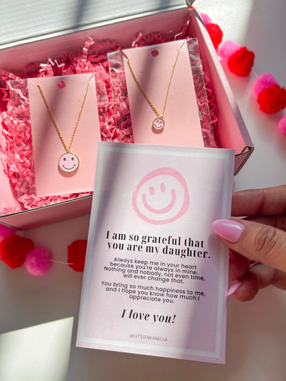 pink happy face mommy and me necklaces with note card