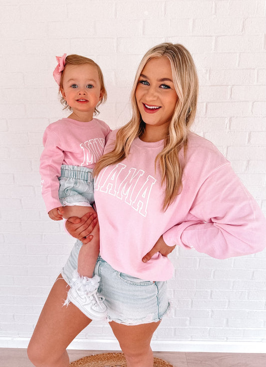 Light Pink Mama and Mini Oversized Puff Sweatshirts with meaningful sleeves