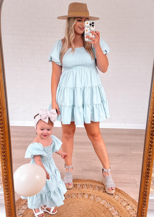 Light Blue Puff Sleeve Mini Mommy and Me Dresses