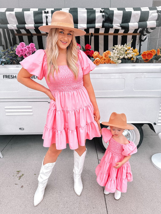 Pink Puff Sleeve Mini Tiered Dress -Mommy and Me