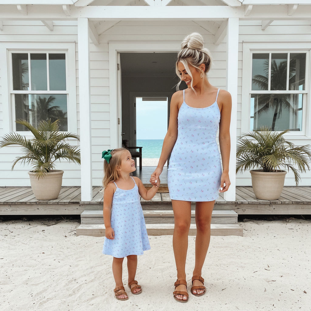 Woman and child in matching light blue dresses standing on a sandy porch.