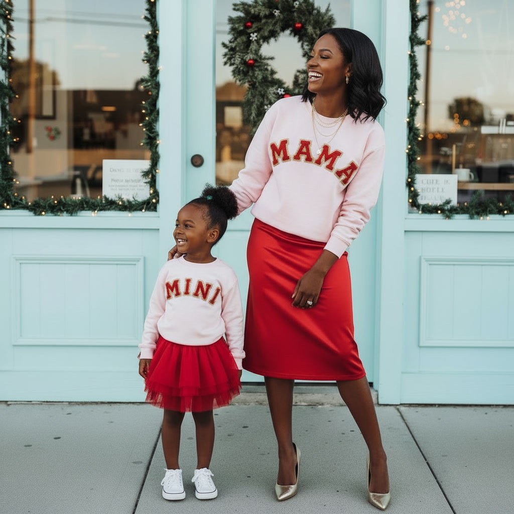 Chenille Matching Mama and Mini Pullover Sweatshirts in Pink