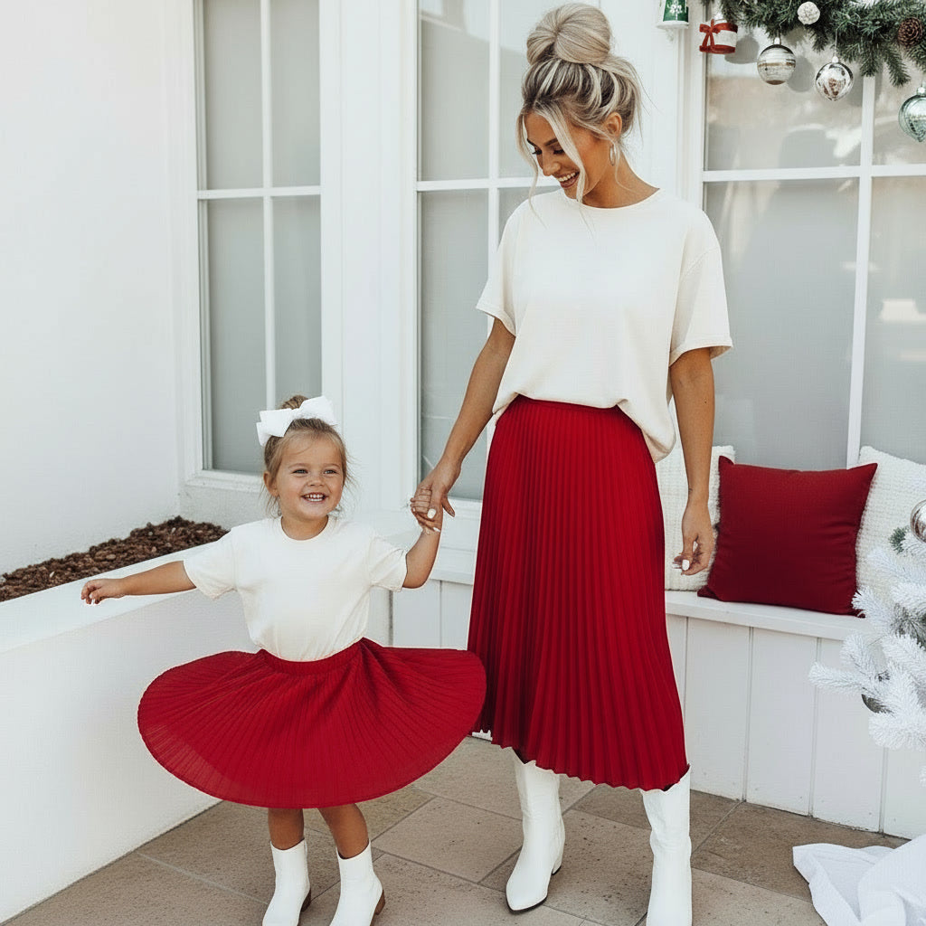 Mother and Daughter Red Pleated Skirt | Mommy & Me Christmas Outfit