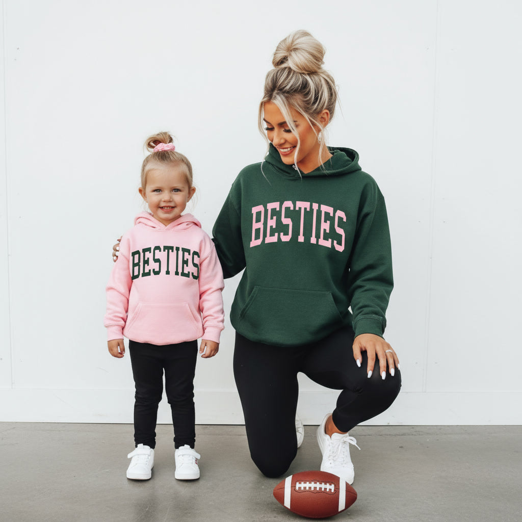 Besties Forest Green and Pink Mommy & Me Hoodies