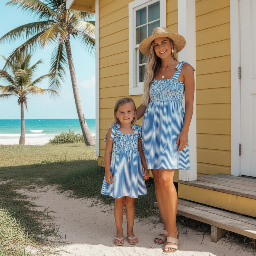 Striped Blue Dress, Mommy and Me Dreses Striped Blue Dress, Mommy and Me Dreses