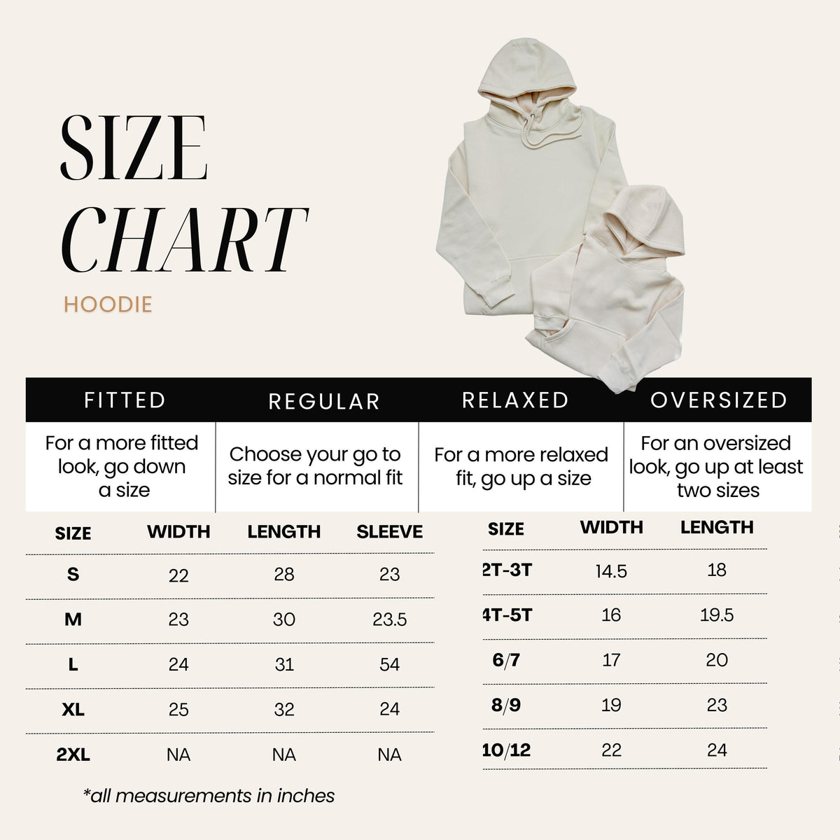 Size chart for Hoodies, adult and kids sizes