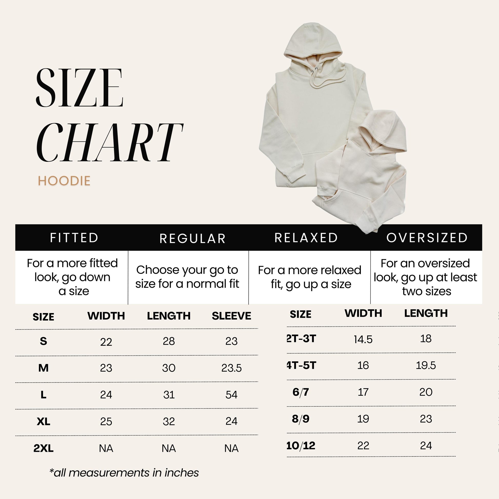 Size chart for Hoodies, adult and kids sizes