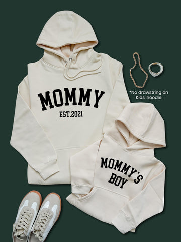 no drawstrings on kids' hoodie. Adult hoodie with drawstrings. Mommy and me sweatshirts