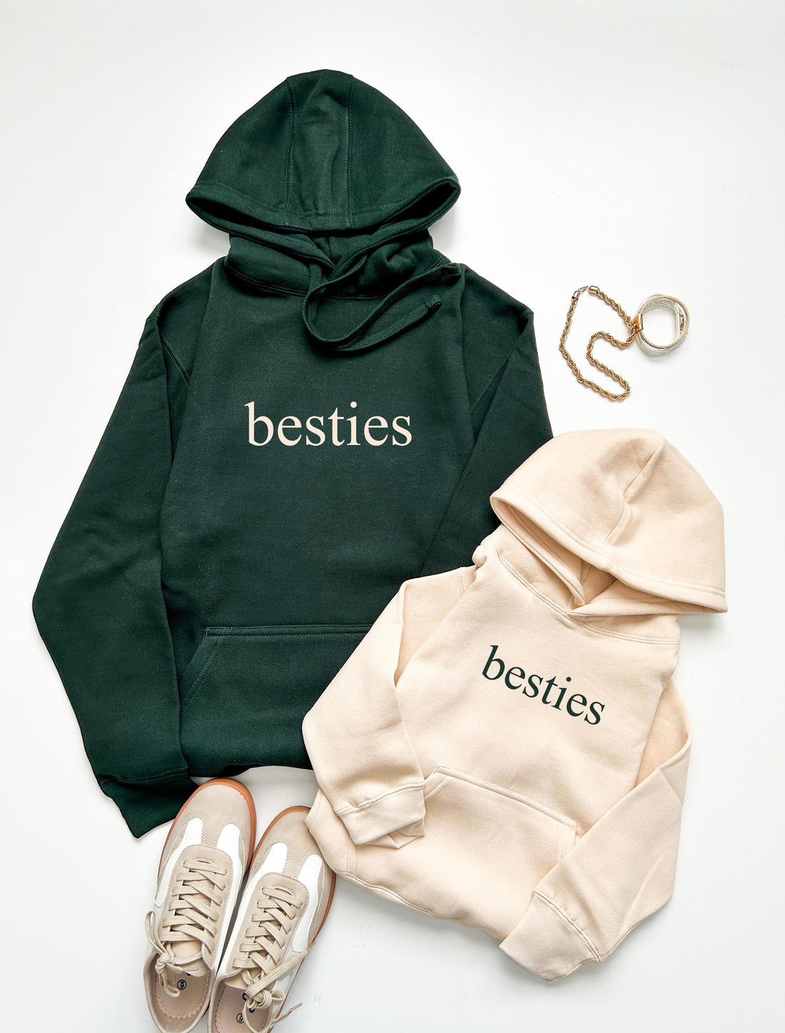 Mommy and Me Bestie Sweatshirts | Matching Mommy and Me Outfits | Forest Green & Beige Hoodies | Family Matching Mom and Daughter cozy set