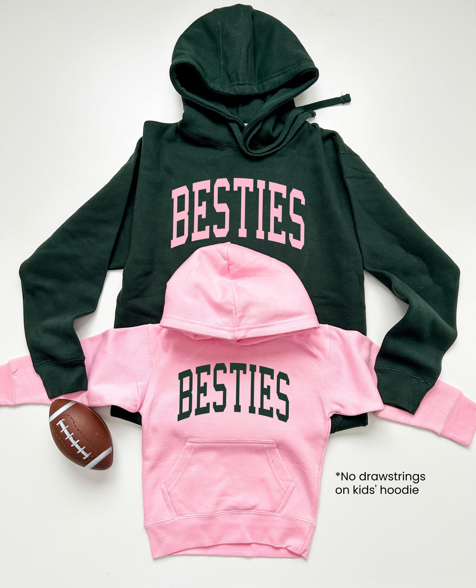 Besties Mommy & Me Hoodies | Matching Mom and Mini Sweatshirts | Forest Green and Pink Footbal Hoodies