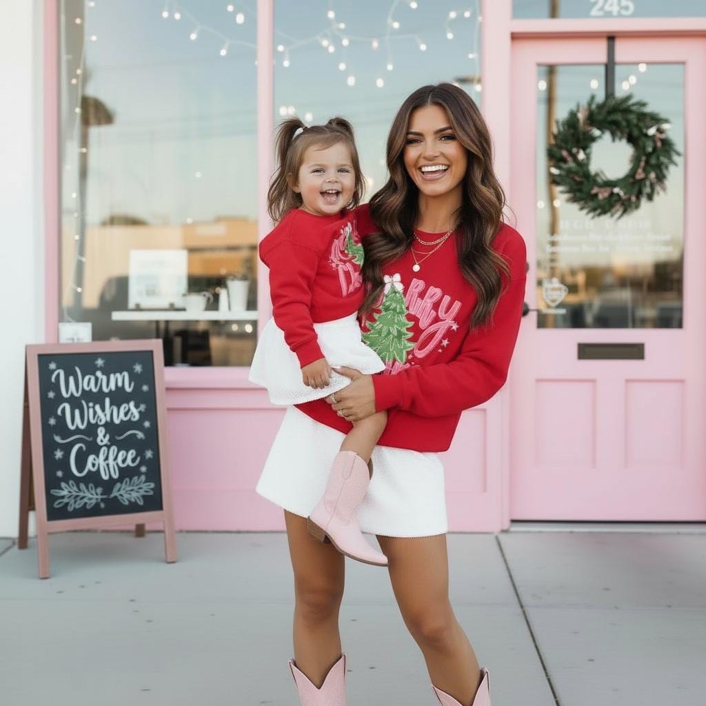 Red Merry Christmas Mommy and Me Red Pullover Sweatshirt, Matching Holiday Sweatshirts, Festive Mom & Mini Outfits