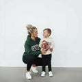 Besties Mommy & Me Hoodies | Matching Mom and Boy Sweatshirts | Forest Green and Beige Football Pullover Sweatshirt for Mom and Son