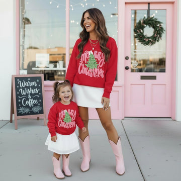 Red Merry Christmas Mommy and Me Red Pullover Sweatshirt, Matching Holiday Sweatshirts, Festive Mom & Mini Outfits
