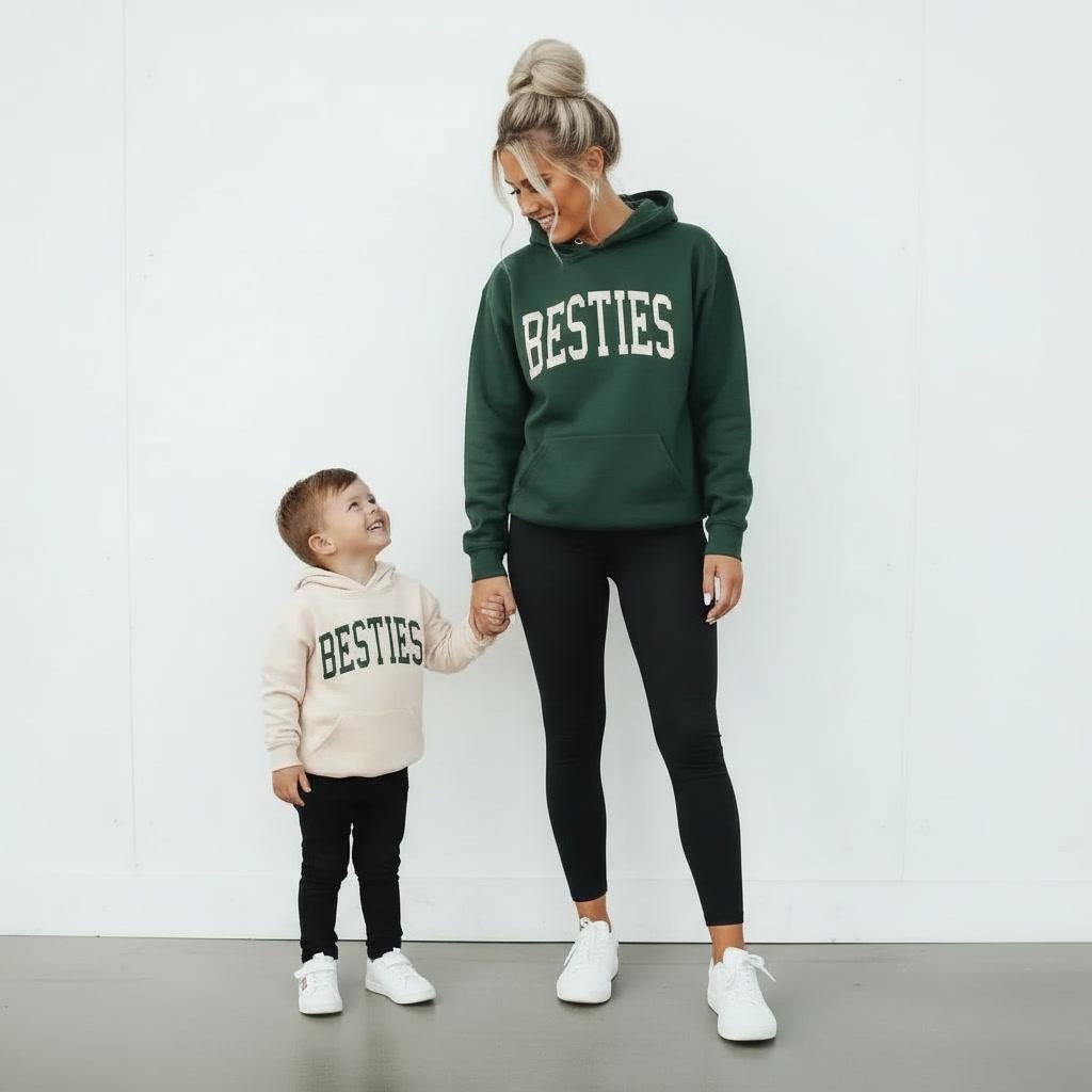 Besties Mommy & Me Hoodies | Matching Mom and Boy Sweatshirts | Forest Green and Beige Football Pullover Sweatshirt for Mom and Son