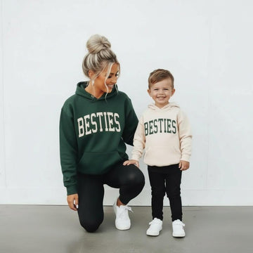 Besties Mommy & Me Hoodies | Matching Mom and Boy Sweatshirts | Forest Green and Beige Football Pullover Sweatshirt for Mom and Son