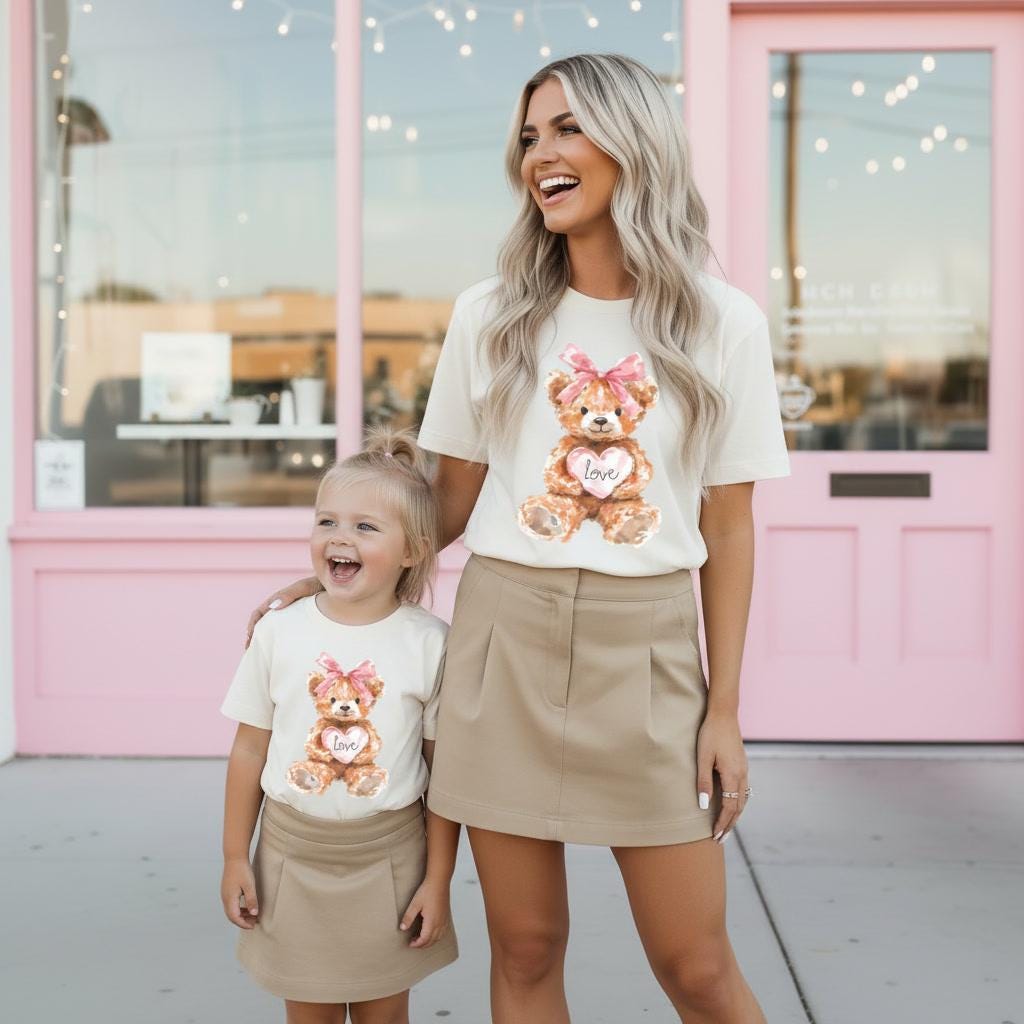 Mommy and Me Matching Teddy Bear Shirts, Valentine’s Day Mom Daughter Outfits, Coquette Matching Tops, Sweet Bear Love Tees