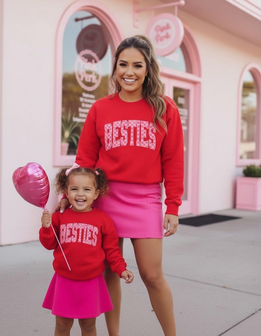 Besties Pink Checkered Sweatshirts, Girl Mom Matching Outfits, Valentine’s Day Mom Daughter Set, Gift for wife and daughter