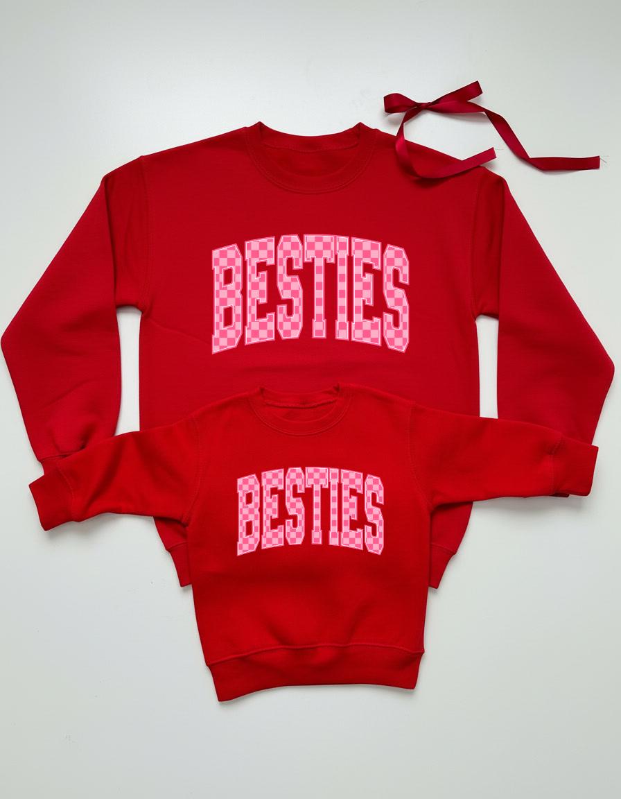 Besties Pink Checkered Sweatshirts, Girl Mom Matching Outfits, Valentine’s Day Mom Daughter Set, Gift for wife and daughter