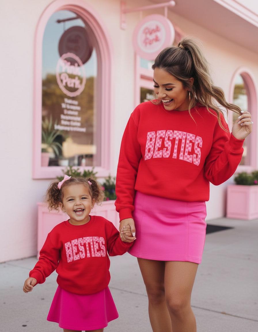 Besties Pink Checkered Sweatshirts, Girl Mom Matching Outfits, Valentine’s Day Mom Daughter Set, Gift for wife and daughter