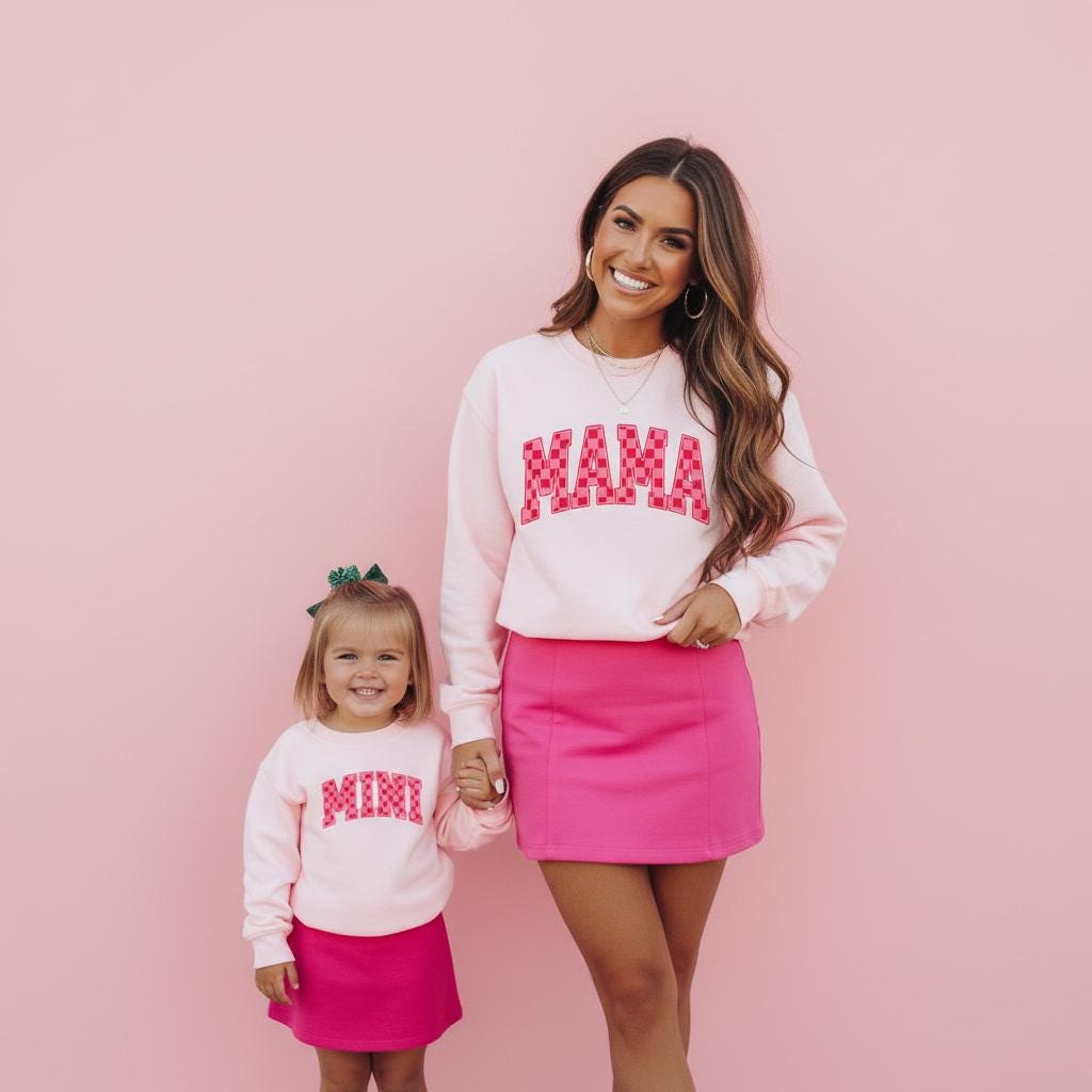 Pink Checkered Mama and Mini Valentine Sweatshirt Set | Matching Mommy & Me Outfits | Valentine's Day Sweatshirts for mom and daughter