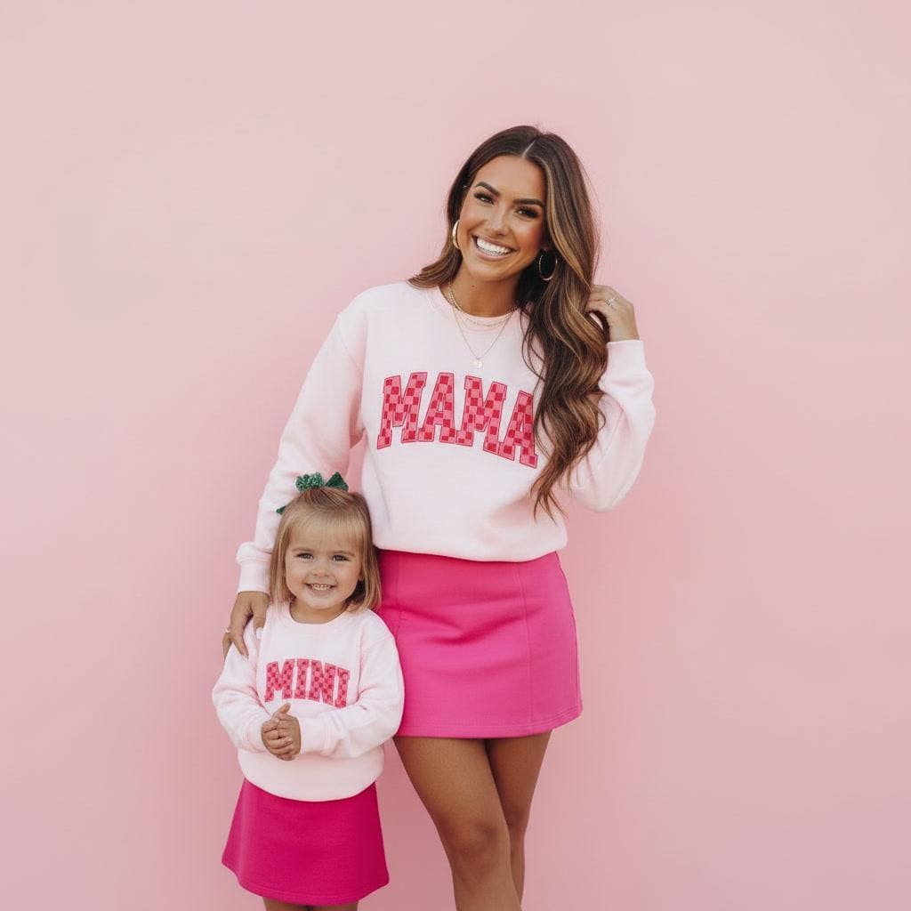 Pink Checkered Mama and Mini Valentine Sweatshirt Set | Matching Mommy & Me Outfits | Valentine's Day Sweatshirts for mom and daughter