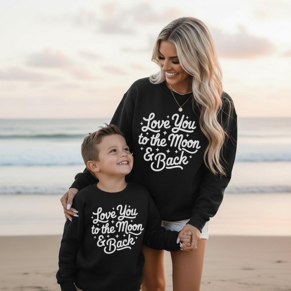 Mom and Boy Valentine Sweatshirts, Black “Love you to the moon and back” Matching Outfits, Mommy Daughter Mommy Son Valentine Sweatshirt