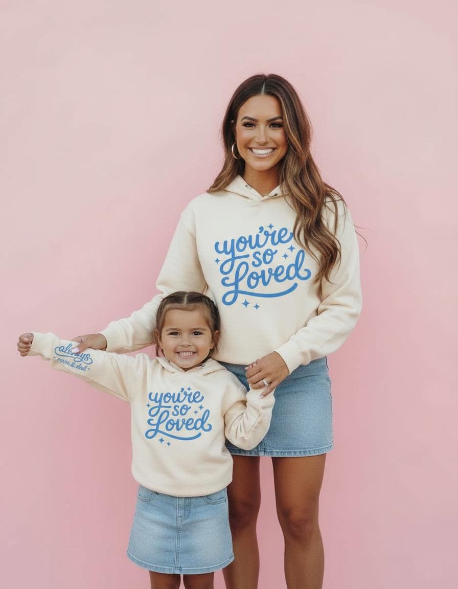 Mommy and Me Beige Hoodies, You’re So Loved, Matching Mom and Son Daughter Valentine Outfits