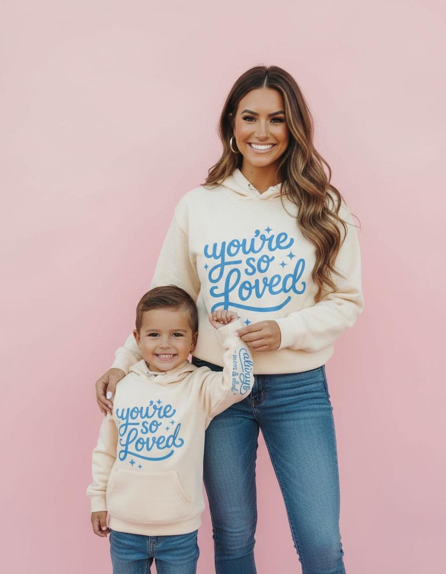 Mommy and Me Beige Hoodies, You’re So Loved, Matching Mom and Son Daughter Valentine Outfits