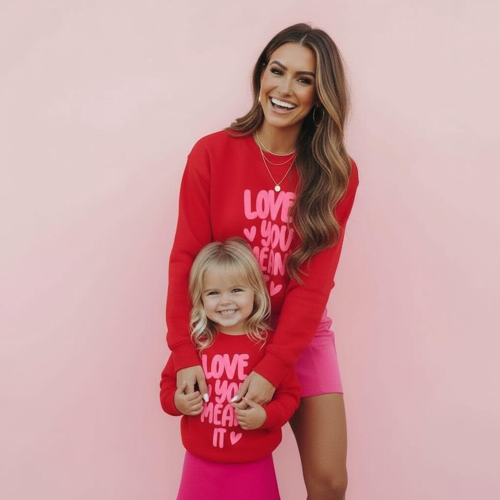 Love You Mean It Matching Red Sweatshirts | Mommy and Me Valentine Sweatshirt | Bestie Sweaters | Mom and Daughter Matching Outfits