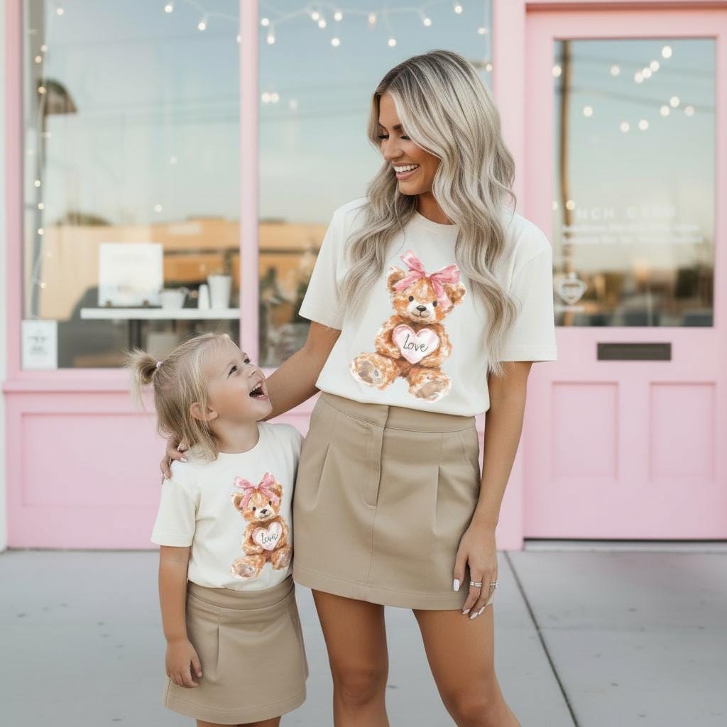 Mommy and Me Matching Teddy Bear Shirts, Valentine’s Day Mom Daughter Outfits, Coquette Matching Tops, Sweet Bear Love Tees