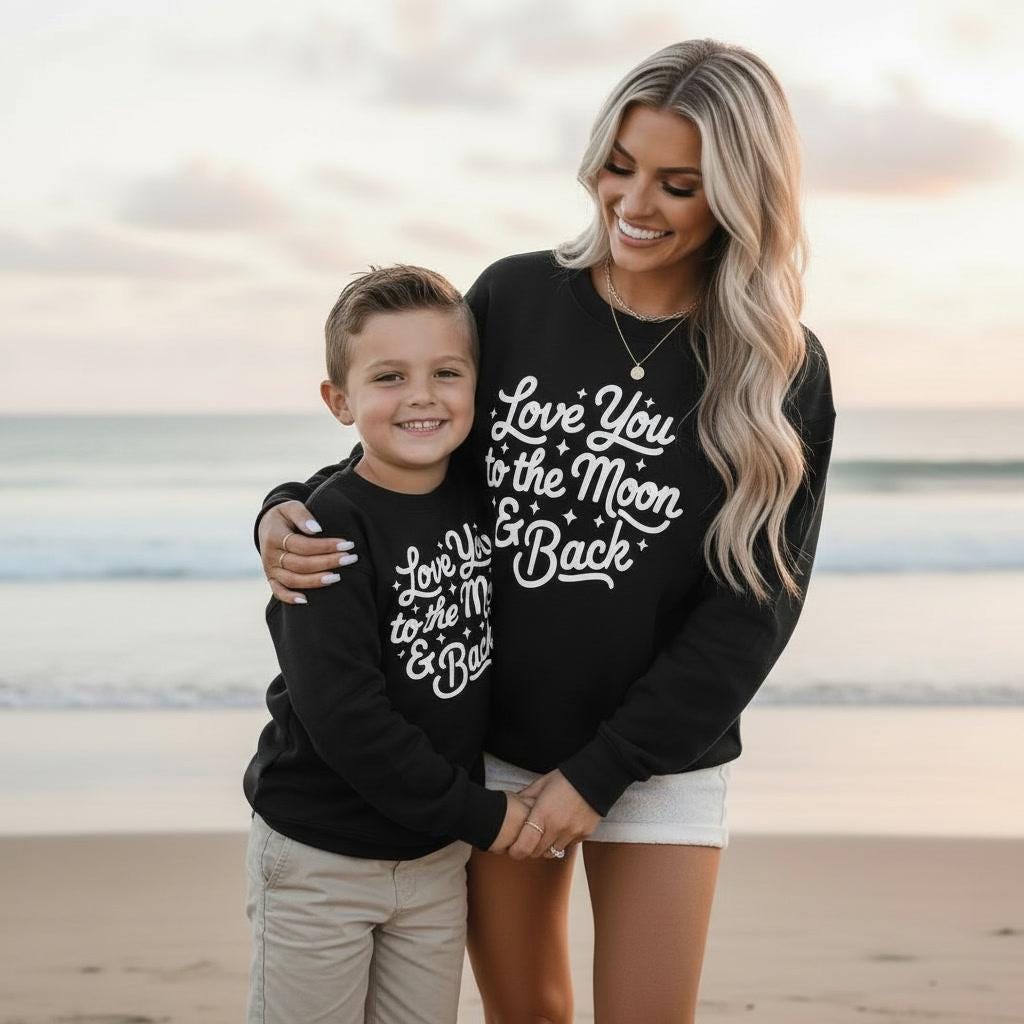 Mom and Boy Valentine Sweatshirts, Black “Love you to the moon and back” Matching Outfits, Mommy Daughter Mommy Son Valentine Sweatshirt