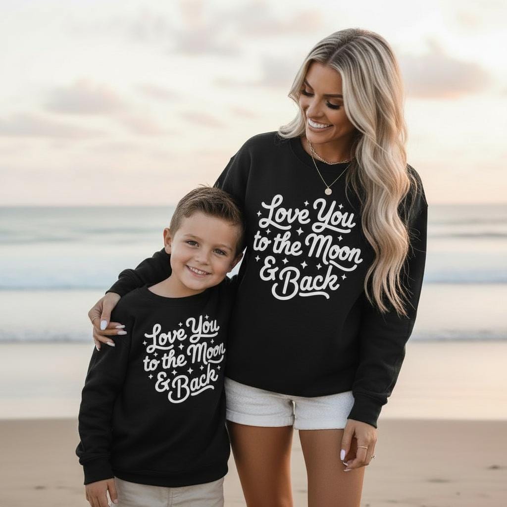 Mom and Boy Valentine Sweatshirts, Black “Love you to the moon and back” Matching Outfits, Mommy Daughter Mommy Son Valentine Sweatshirt