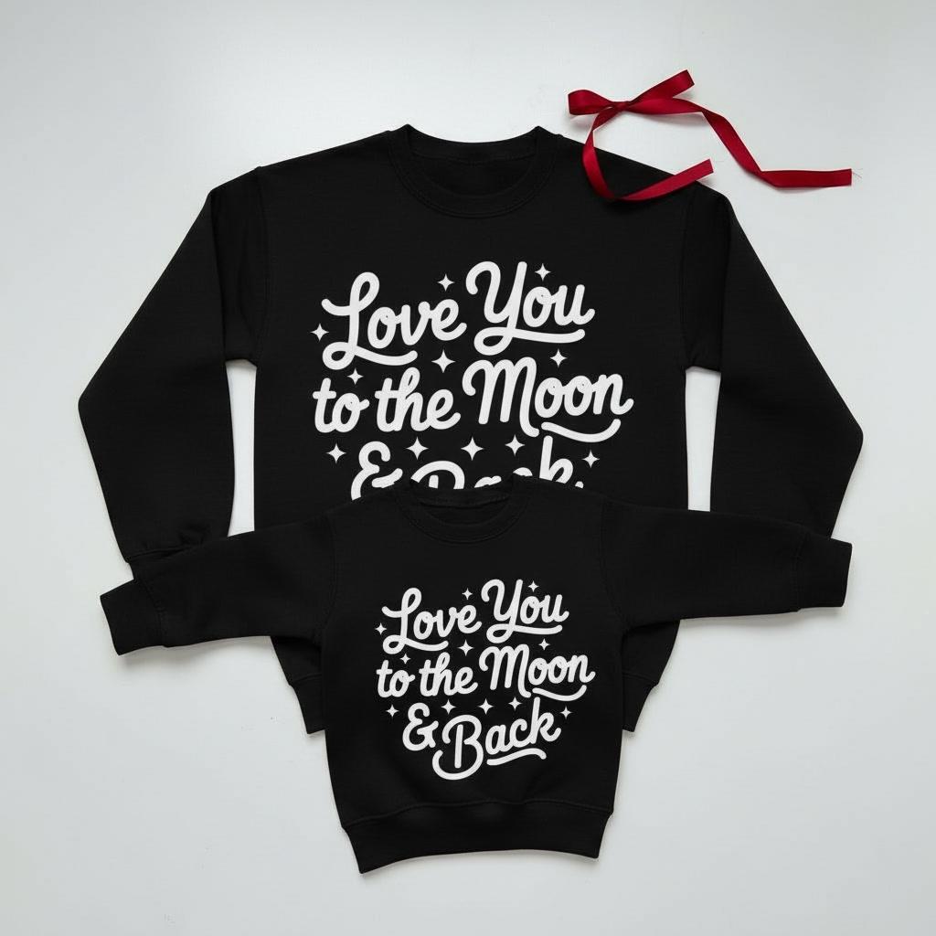 Mom and Boy Valentine Sweatshirts, Black “Love you to the moon and back” Matching Outfits, Mommy Daughter Mommy Son Valentine Sweatshirt