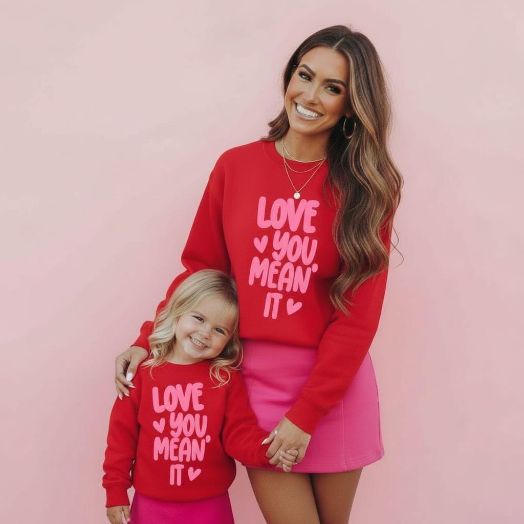 Love You Mean It Matching Red Sweatshirts | Mommy and Me Valentine Sweatshirt | Bestie Sweaters | Mom and Daughter Matching Outfits