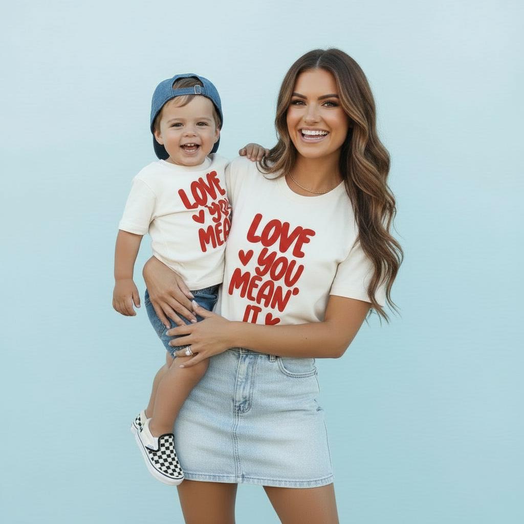Mommy and Me Valentine Shirts | Love you Mean it Shirts | Neutral Boy Mom Girl Mama Outfits | Family Matching for Valentine's Day