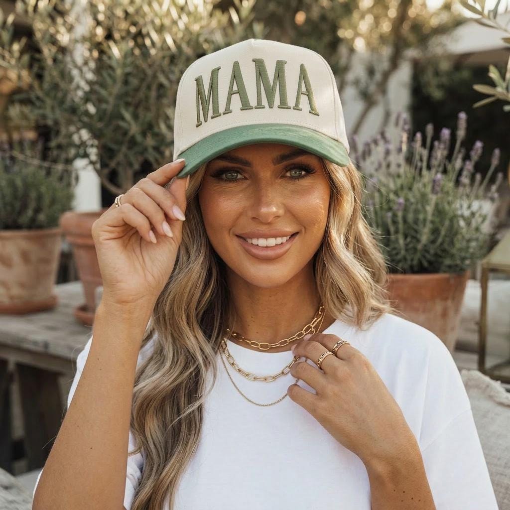 Mama Hat, Embroidered Mama Hat, Green Beige Mom Baseball Cap, Cute Mom Gift, Messy Bun Mom Hat, Cool Mom Hat, Trendy Mom Outfit