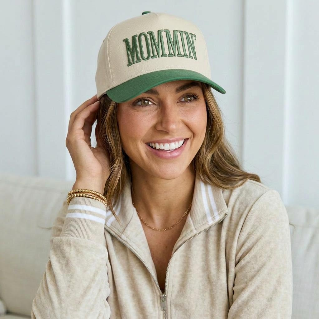 Mommin Hat, Embroidered Mom Hat, Green Beige Mom Baseball Cap, Cute Mom Gift, Messy Bun Hat, Cool Mom Hat, Trendy Mom Outfit Accessory