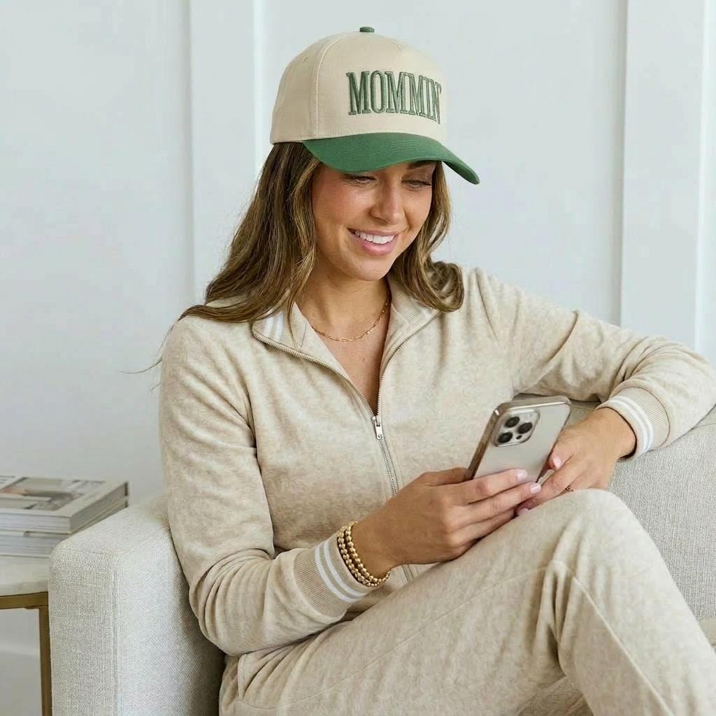 Mommin Hat, Embroidered Mom Hat, Green Beige Mom Baseball Cap, Cute Mom Gift, Messy Bun Hat, Cool Mom Hat, Trendy Mom Outfit Accessory